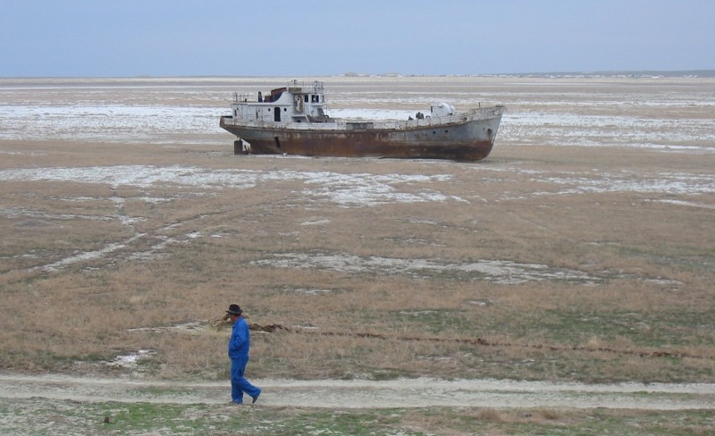 The near total shrinkage of the Aral Sea. Wikipedia image.