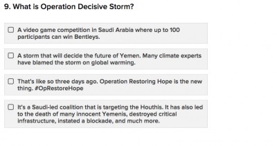 A screen shot of one of the 10 questions on the "Yemen Expert" quiz