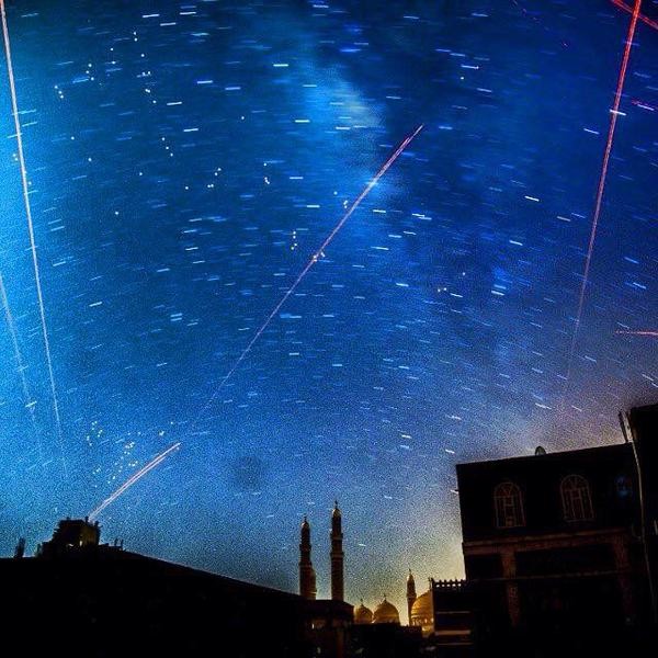 "Picturesque scene of Sana'a until you realize those are anti aircraft weapons zipping through the sky. #Yemen" tweets Yemeni blogger @amalscript, who shares this photograph on Twitter 