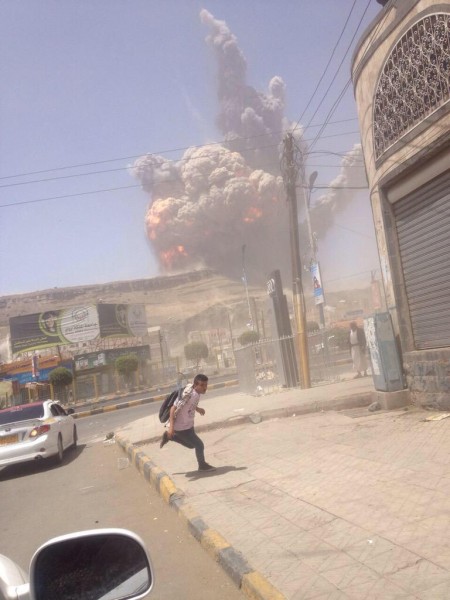 The biggest airstrike reported shook the capital Sanaa on April 20. On Twitter, @ammar82 shares this photograph from the blast site, in a residential area. The bombing has left dozens of people dead and hundreds injured