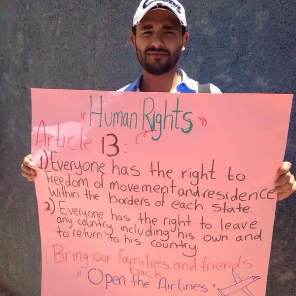 A Yemeni quotes human rights articles to plead with world organisations to help return stranded Yemenis abroad home. Photograph shared by @NuhaSanhani on Twitter 