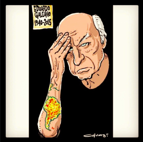 إدواردو غاليانو بقلم الرسام الكرتوني بابلو فرناندو شومبيتا "شومبي". الصورة مأخوذة بإذن عن موقع انستاجرام