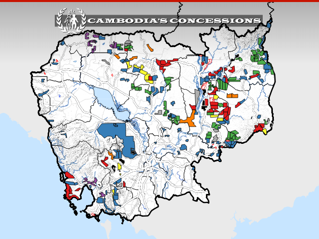 Land contracts awarded to foreign companies in Cambodia. Green represents Vietnamese companies, Red areas are Chinese-owned, and Yellow for Malaysian firms. Image from Licadho.  