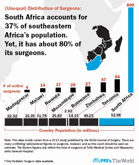 Nerovnoměrné rozložení chirurgů v Africe – v Jihoafrické republice žije 37 procent obyvatel jihovýchodní Afriky, ale je v ní 80 procent celkového počtu chirurgů. Obrázek od Davida Conrada, uveřejněn se svolením PRI.
