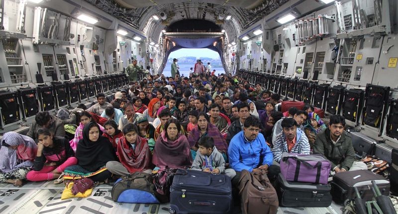 Nepalese victims of April 25, 2015 earthquake pictured inside an Indian Airforce aircraft as they are evacuated from Trishuli Bazar to Kathmandu airport in Nepal. Image via hemantrawat1234. Copyright Demotix (28/4/2015)