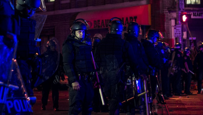 Demotix image ID:7468686. Baltimore on edge as riots force state of emergency 28 April 2015. Photo by Aidan Walsh.