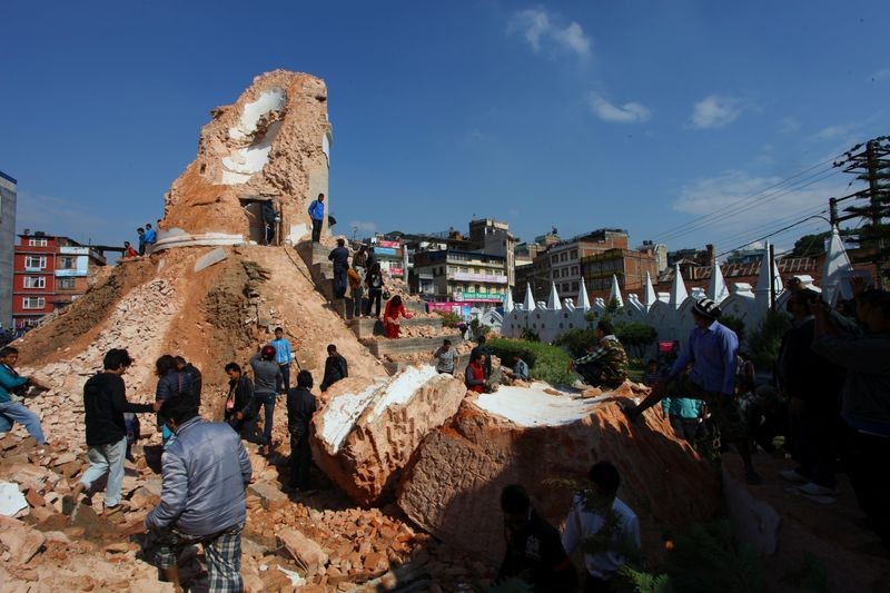 The nine-storey Dharahara, also called Bhimsen Tower, lies in ruins. Image by Sunil Sharma. Copyright Demotix (27/4/2015)