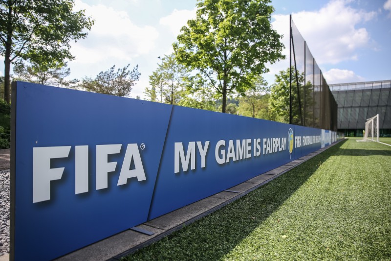 Zurich, Switzerland. FIFA promotes fairplay on the banners around the football pitch. On 27 May 2015, FIFA executive members were arrested in the Hotel Baur au Lac in Zurich. Photo by Roman Beer. Copyright Demotix