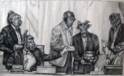 Athena's cartoon depicting members of the Iranian parliament as animals voting on the prohibition of voluntary permanent contraception, or vasectomies. Image taken from ‘Free Atena’ Facebook page.