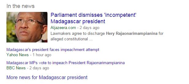 Screen Capture of Media Headlines about Madagascar via Google News 