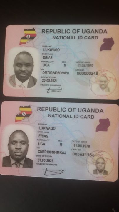 Les deux cartes d'identité nationales du maire de Kampala Erias Lukwago avec les mêmes données biométriques, mais de différents numéros de série et de dates d'expiration. Image partagée de sa page Facebook.