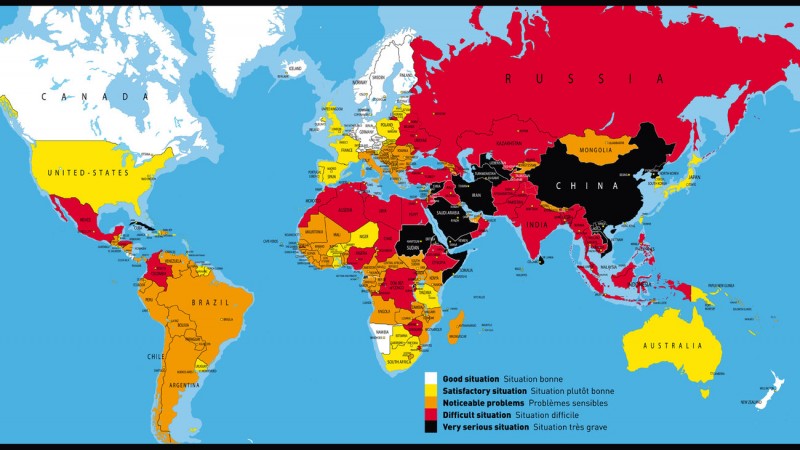 Libertad de prensa en el mundo según Reporteros Sin Fronteras. Imagen ampliamente difundida.