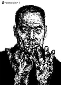 Pu Zhiqiang's portrait from China Digital Times. His hands show the sign of 