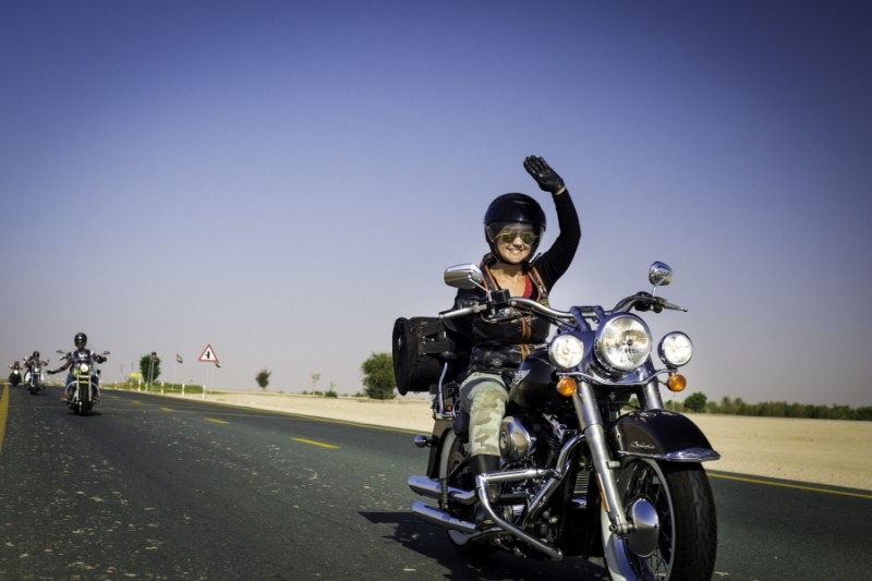 Dubai Ladies of Harley riders riding back to Dubai after marking International Female Ride Day two. Credit: Amanda Fisher. Published with PRI's permission