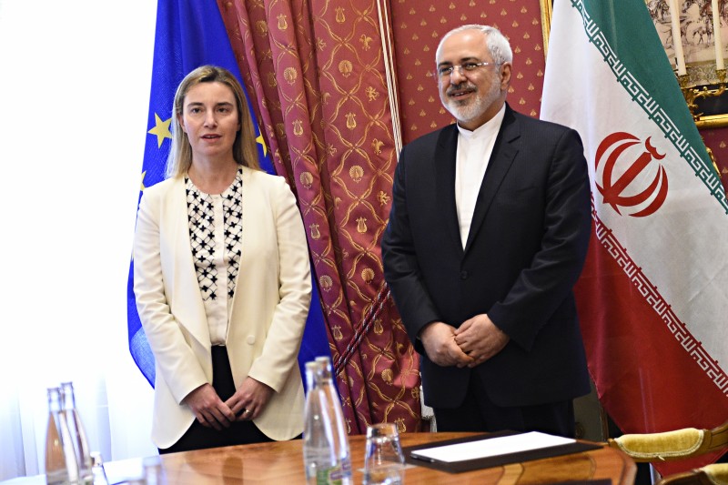 Federica Mogherini, High Representative of the Union for Foreign Affairs and Security Policy and Vice-President of the EC with Iranian Foreign Minister Javad Zarif in Hotel Beau Rivage in Lausanne during the talks of E5/EU+1.