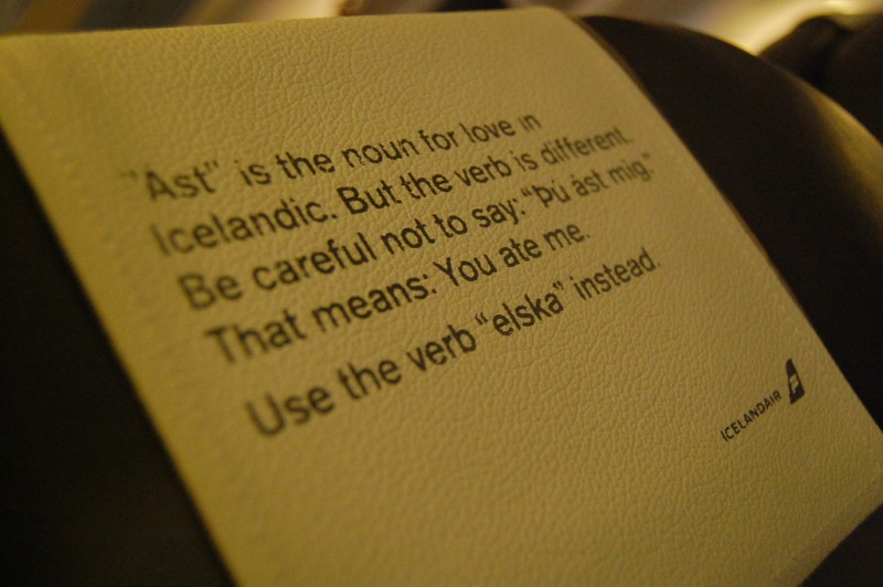 A mini Icelandic language lesson on the back of Icelandair's headrest. Photo by Flickr user jayneandd. CC BY 2.0