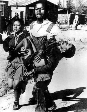 The iconic image taken by South African photojournalist Sam Nzima of Antoinette Sithole and Mbuyisa Makhubo carrying and 12-year-old Hector Pieterson  after he was shot by South African police.