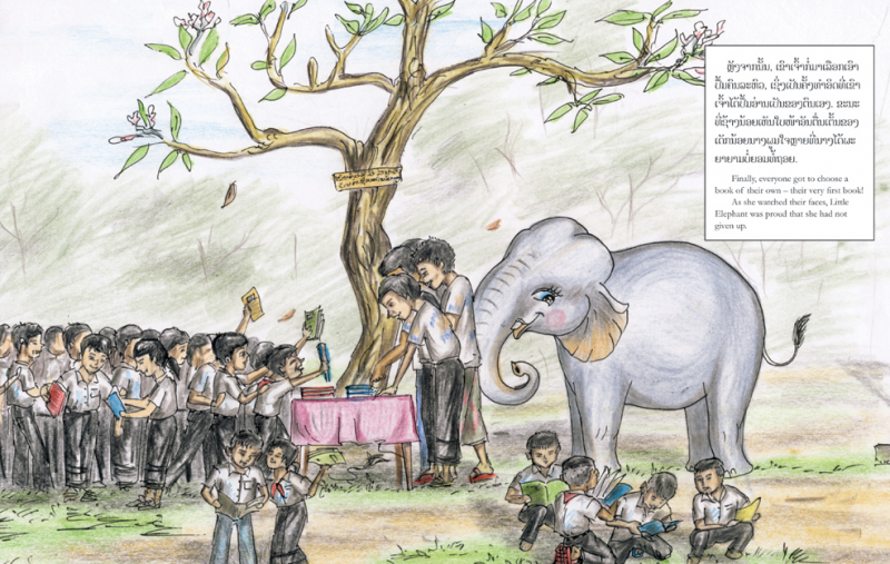 The story of the elephant Boom-Boom is told in the book  'The Little Elephant That Could'. Boom-Boom helps in distributing books in remote locations in Laos