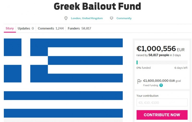 Screenshot of the Indiegogo campaign page for "Greek Bailout Fund."