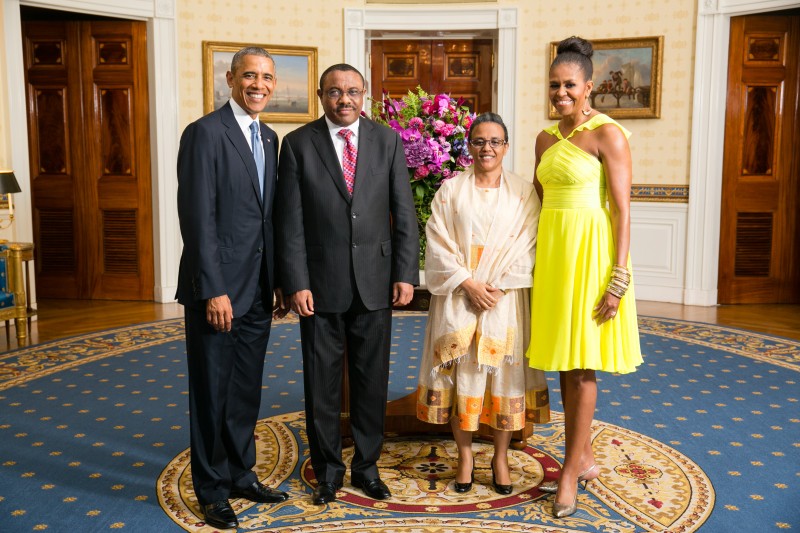 Barack and Michelle Obama greet Ethiopian PM Hailemariam Desalegn and Ms. Roman Tesfaye at a U.S.-Africa Leaders Summit in 2014. Official White House Photo by Amanda Lucidon, released to public domain.