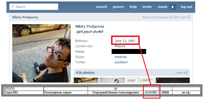 Podgorny's date of birth, as shown on his VK profile, compared with listing in the leaked Internet Reseach Agency document.