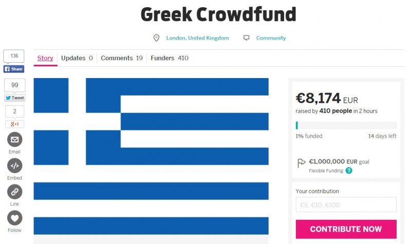 A screenshot of the new Indiegogo campaign "Greek Crowdfund."