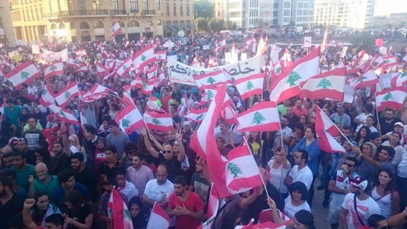 Lebanese protesters at Martyrs' Square in Beirut earlier today. Photo credit: You Stink Movement official Facebook page 