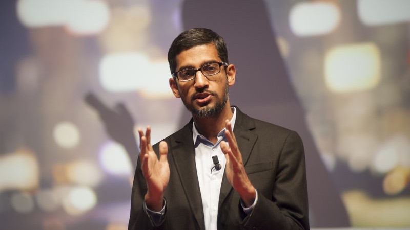 Sundar Pichai, the new CEO of Google, speaking at the Mobile World Congress 2015 in Barcelona as the senior vice president of Android, Chrome and Apps. Image by Charlie Pérez. Copyright Demotix (2/3/2015)