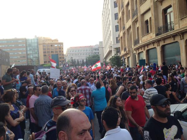 Lebanese protesters at Riad Solh, in downtown Beirut earlier today. Photograph shared by @_Richardhall on Twitter