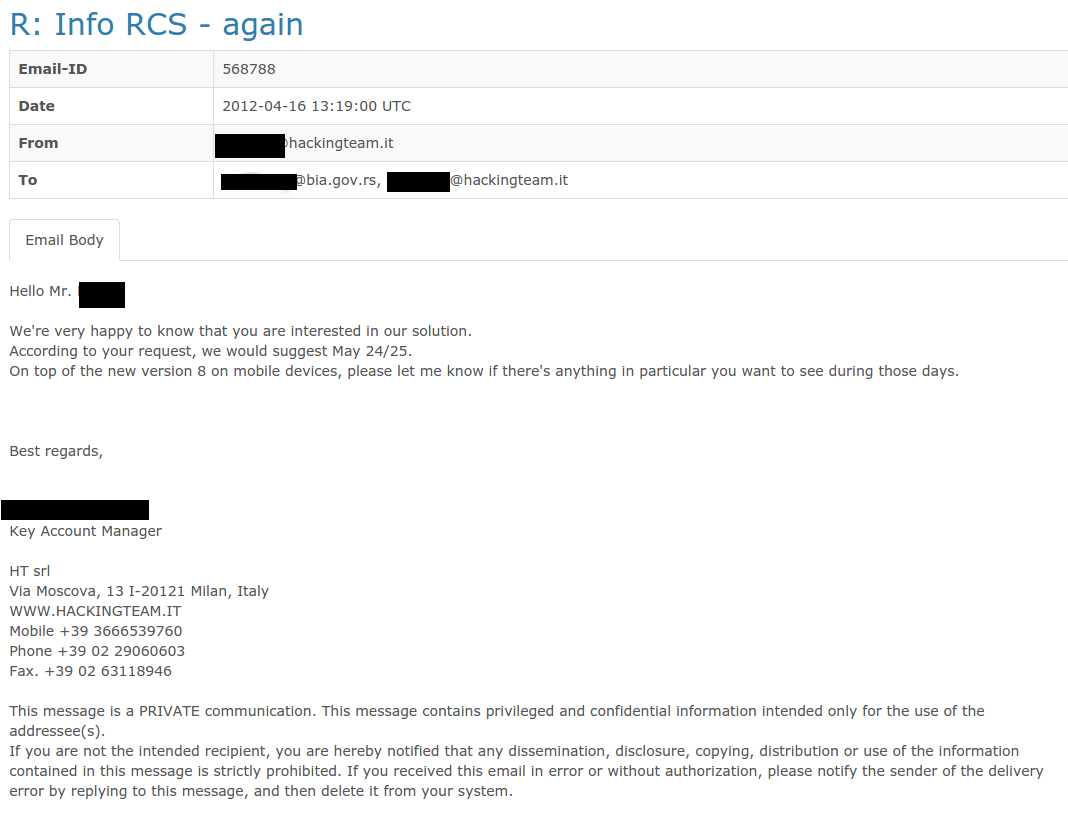 Screenshot of one of many emails from Hacking Team account manager to unknown official Serbian State Intelligence Agency email from 2012. Image courtesy of SHARE Defense, used with permission. 
