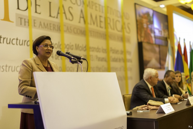 Prime Minister of Trinidad and Tobago, Kamla Persad-Bissessar,  speaking at the 7th Americas Competitiveness Forum in Panama. Photo by OEA - OAS, used under a CC BY-NC-ND 2.0 license. 