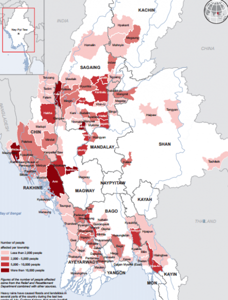 Map of flooded regions in Myanmar