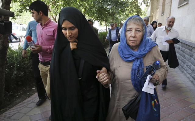 Jason's wife Yeganeh Salehi and mother Mary Rezaian at the courthouse. Image from ICHRI and used with permission.