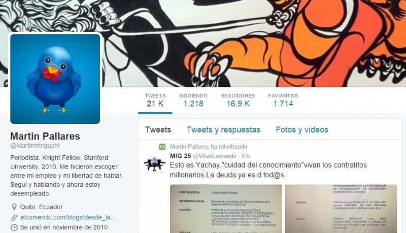 A screenshot of journalist Martín Pallares' Twitter account.