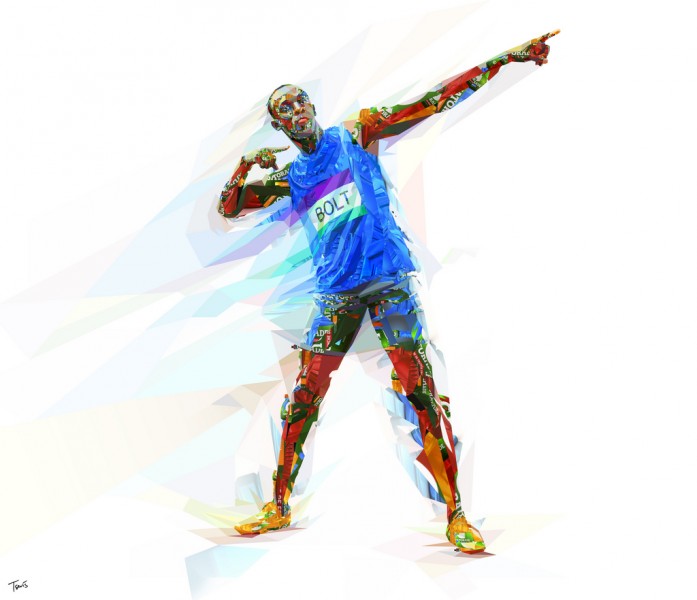 Illustration representing Usain Bolt reconstructed from parts and fragments of a Gatorade bottle; image by Charis Tsevis, used under a CC BY-NC-ND 2.0 license. 