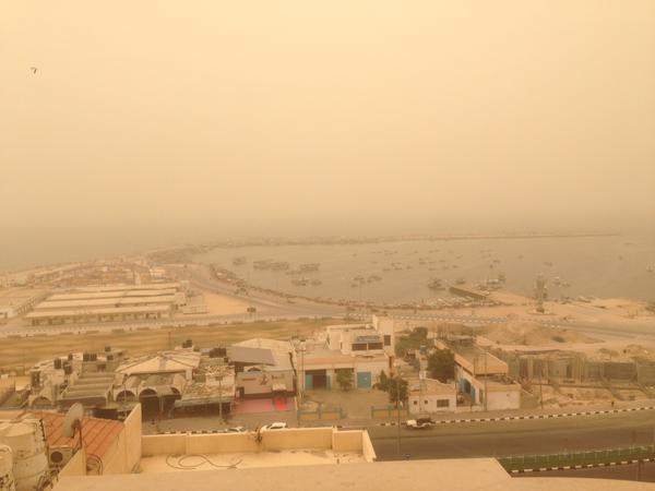 The Gaza marina enveloped in dust this afternoon. Photograph shared by  @shawajason on Twitter 
