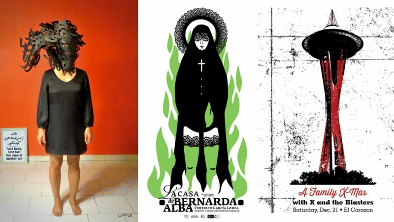 A triple of posters from left to right: “Take Heed, Hold Fast the Rope of Mother Wit” by Shahrzad Changalvaee (Tehran); “La Casa de Bernarda Alba” by Darwin Fornés (Havana); “A Family X-Mas” by David Gallo (Seattle). Credit: SHT Show