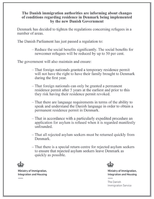 The Danish Ministry of Immigration, Integration and Housing's advertisement aimed at refugees.